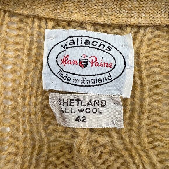 Vintage Alan Paine Shetland Wool Cable Knit Cardigan Camel Tan Winter - Picture 3 of 8